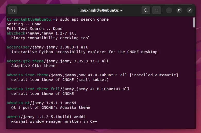 Output using the apt search command