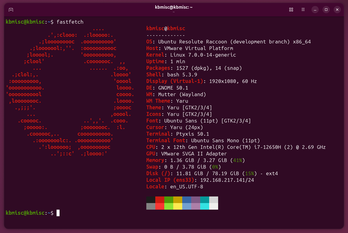 The Fastfetch command being run in an Ubuntu terminal