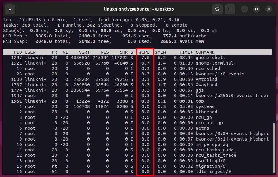 top output showing CPU usage column