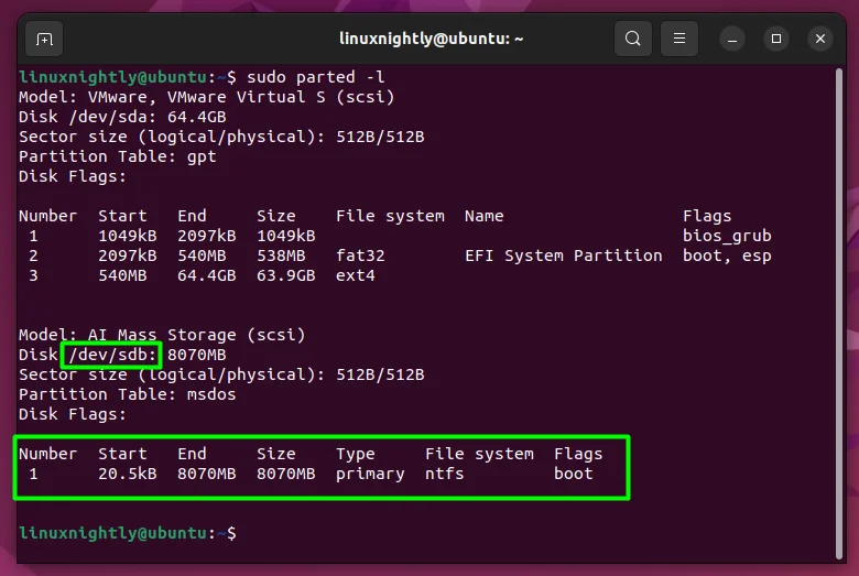 Output of the ntfs partition using the parted command