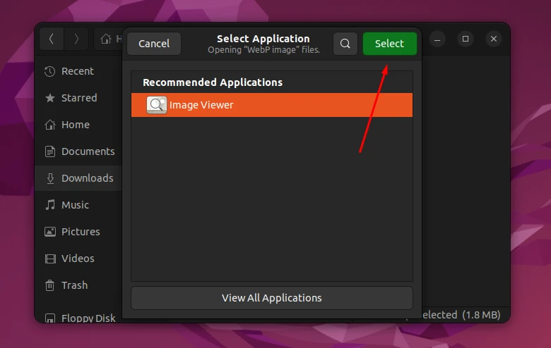 Selecting Image Viewer application to open WebP image