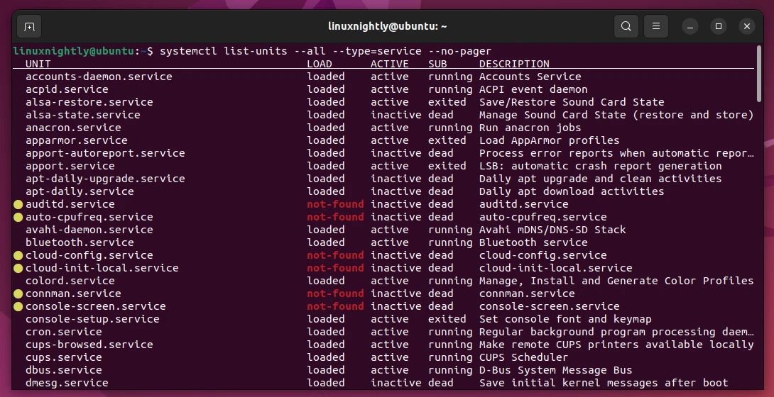 Listing all services using systemctl