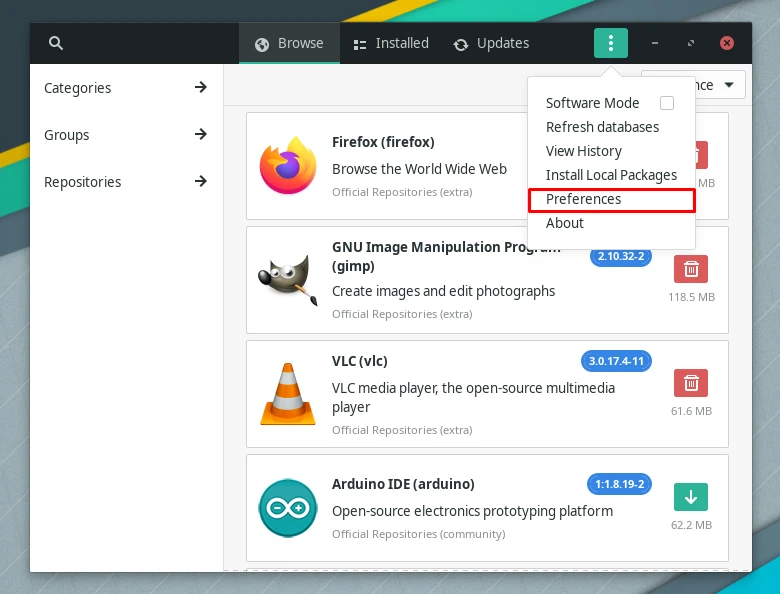 Accessing Preferences from Add/Remove Software menu