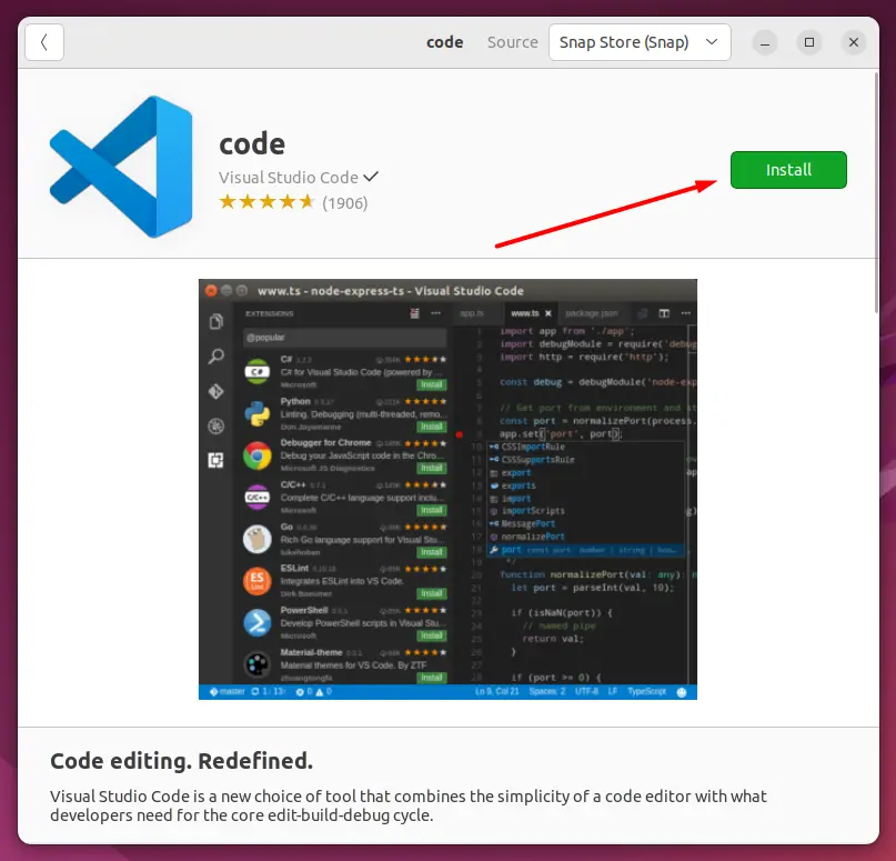 Finish installing VS code from Ubuntu Software
