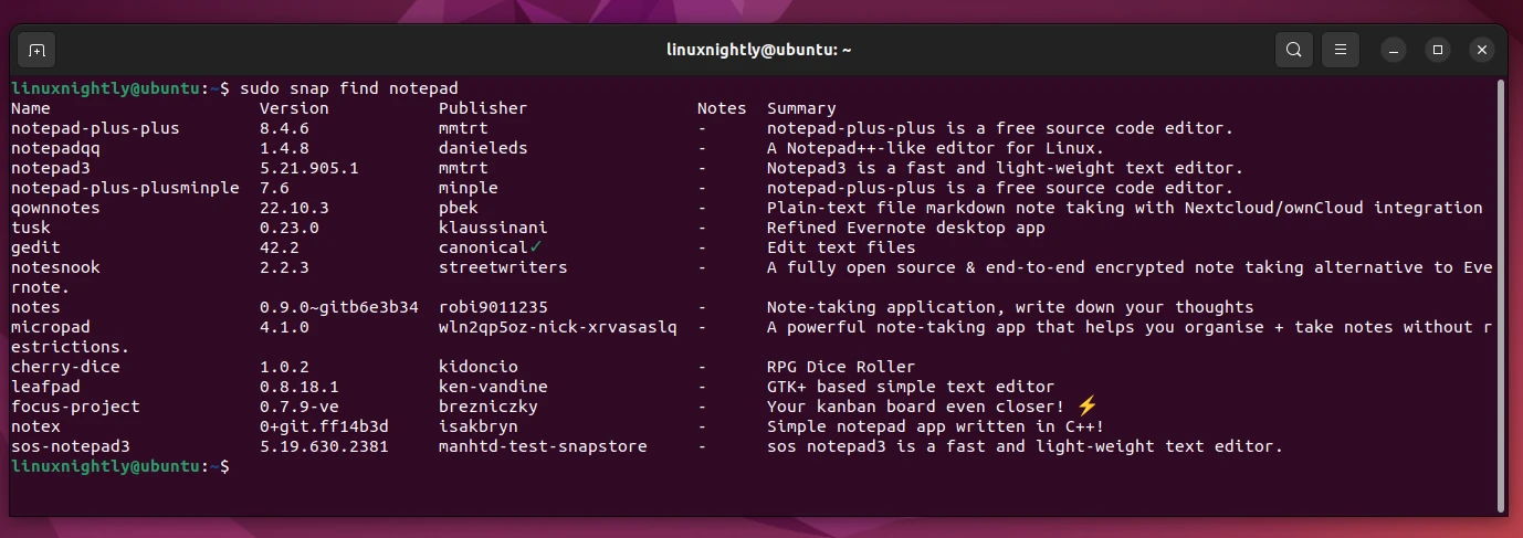 Searching for a snap package on Ubuntu