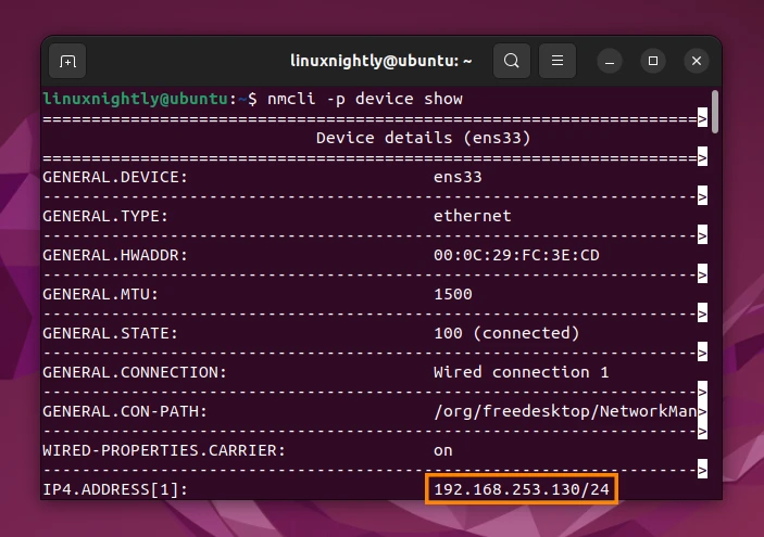 Output of nmcli command