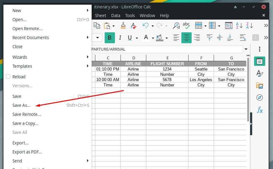 Saving a xlsx file on LibreOffice Calc