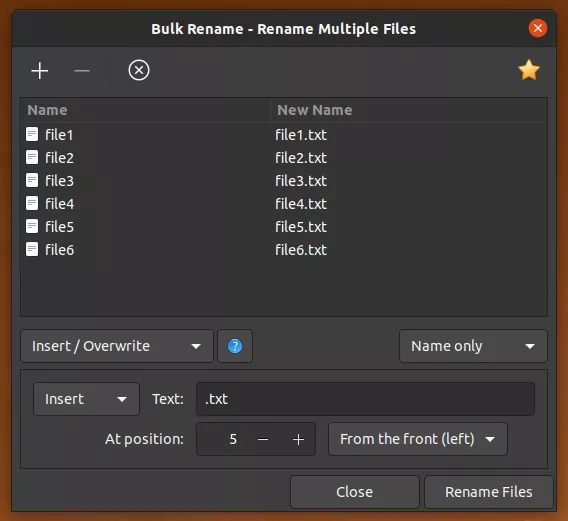 Bulk Rename tool showing the old names and new file names