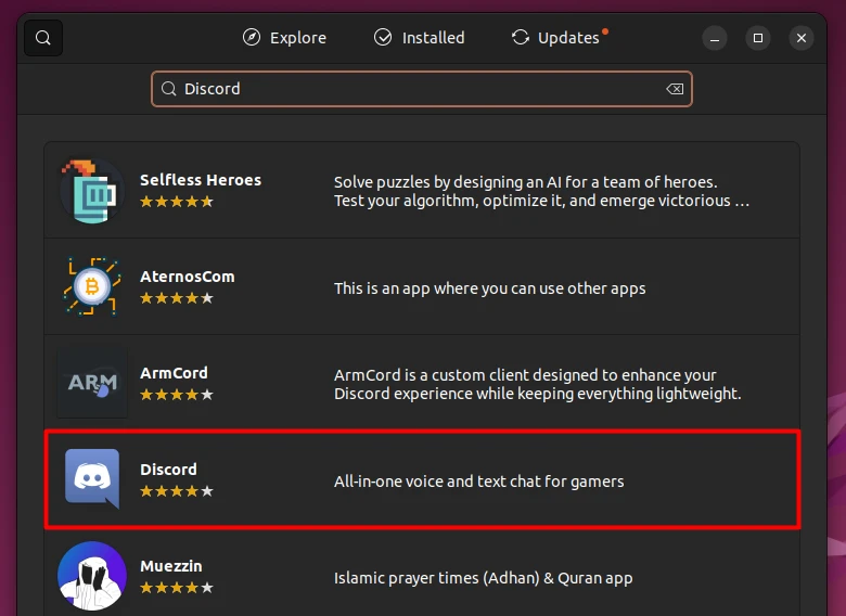 Searching for Discord in the Ubuntu Software center