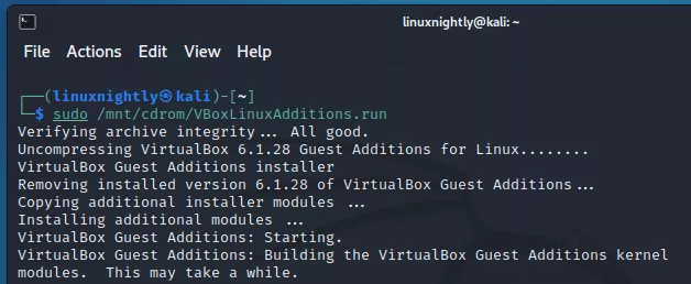 Terminal output showing VirtualBox Guest Additions being installed