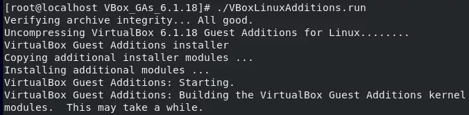 Terminal output showing VirtualBox Guest Additions being installed