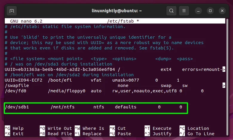 Editing the fstab file with our NTFS-formatted partition