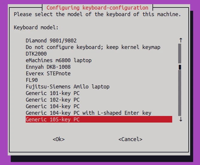 Selecting keyboard model via terminal
