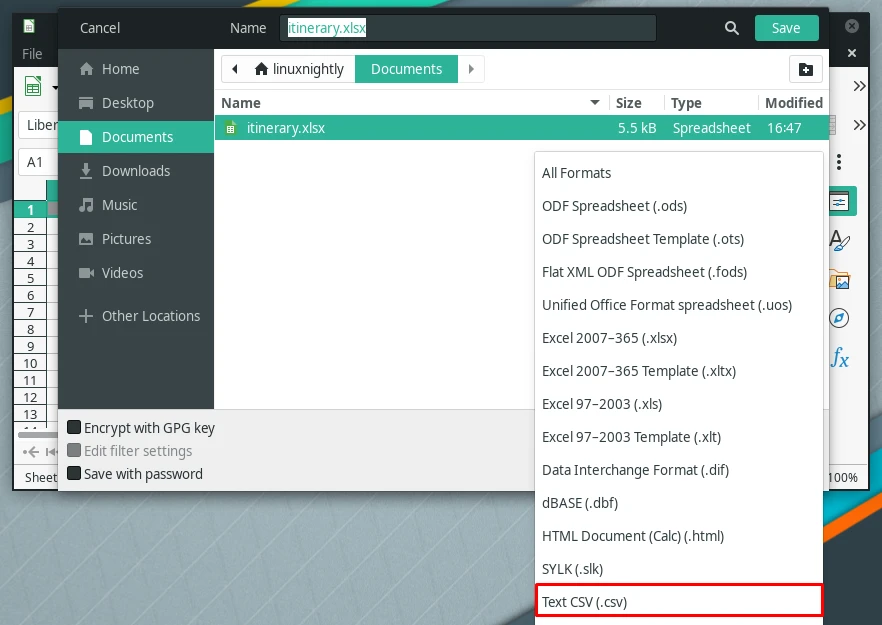 Selecting csv format in LibreOffice Calc