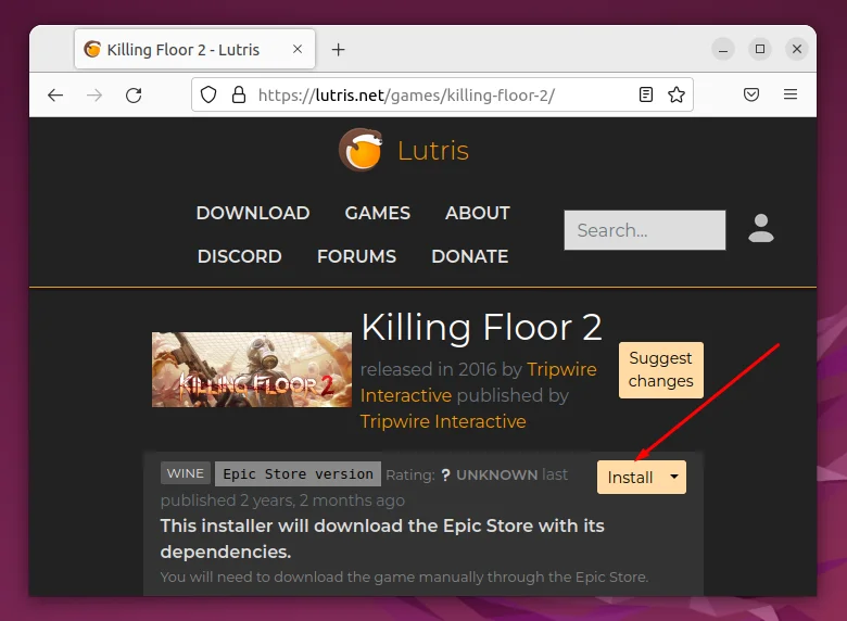 Installing a game from the Lutris website
