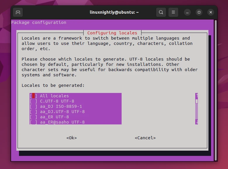 Output showing package configuration of locales
