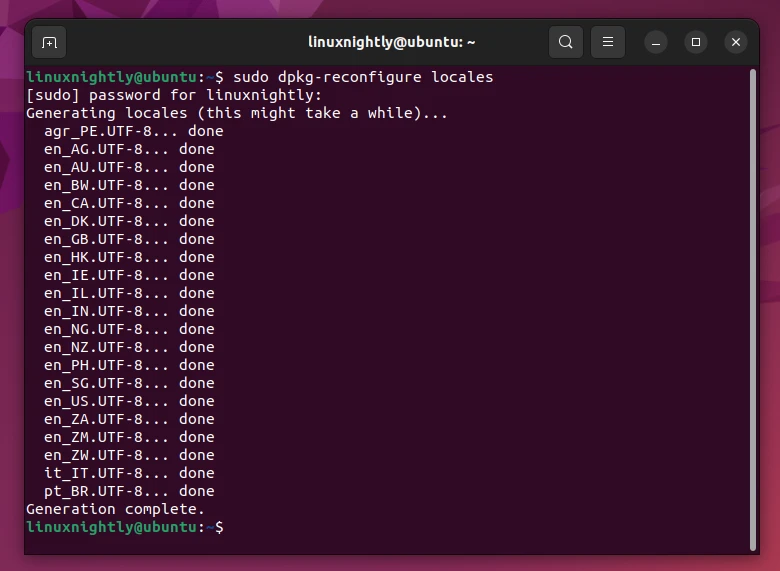 Output showing locale generation successfully completed